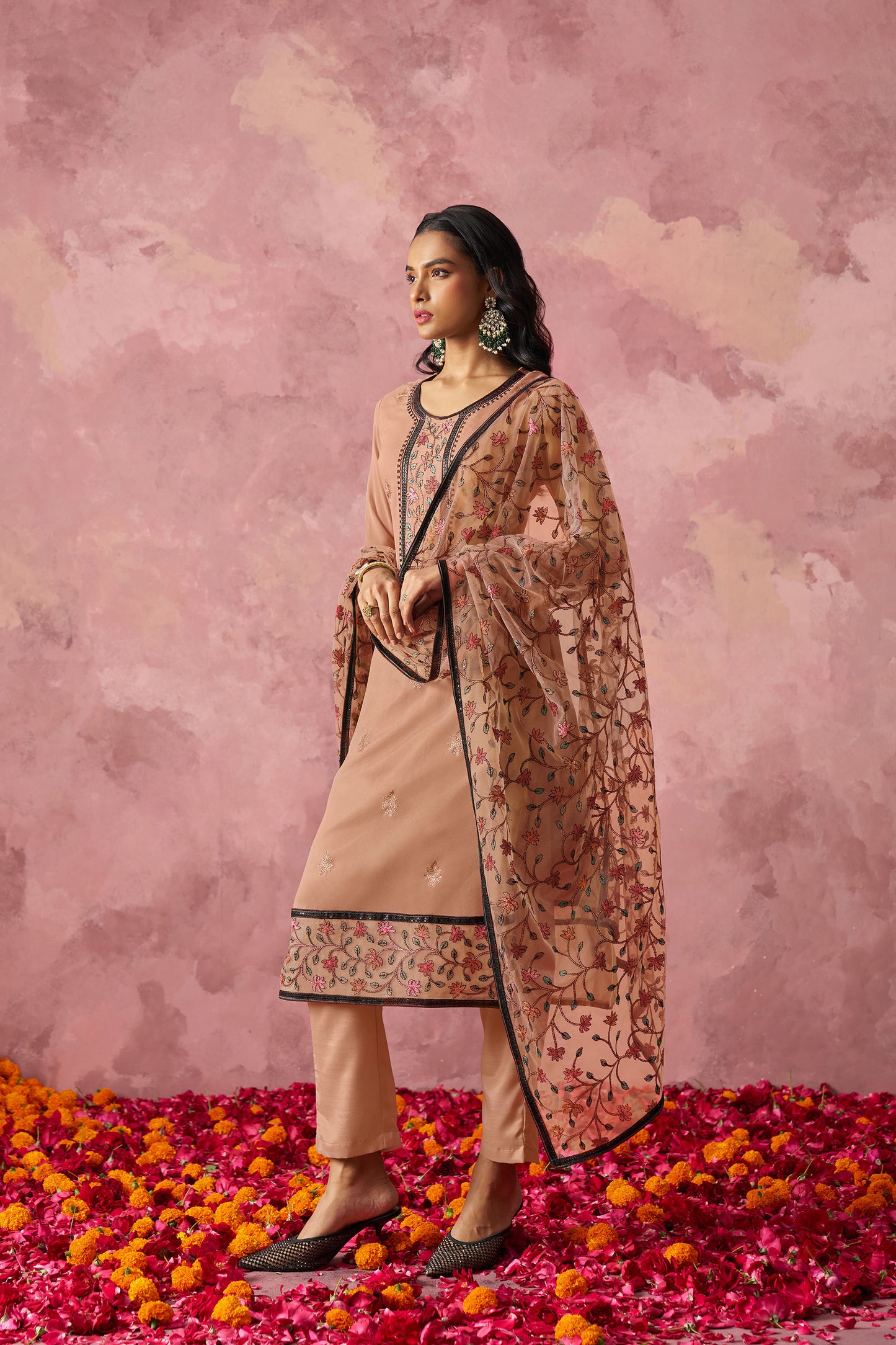 Brown Georgette Sequins Embroidered Kurta Set