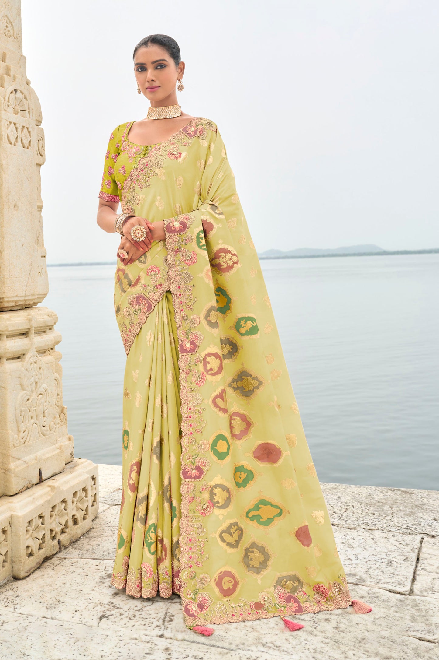 Light Green Viscose Silk With Sequins Work Mehendi Saree