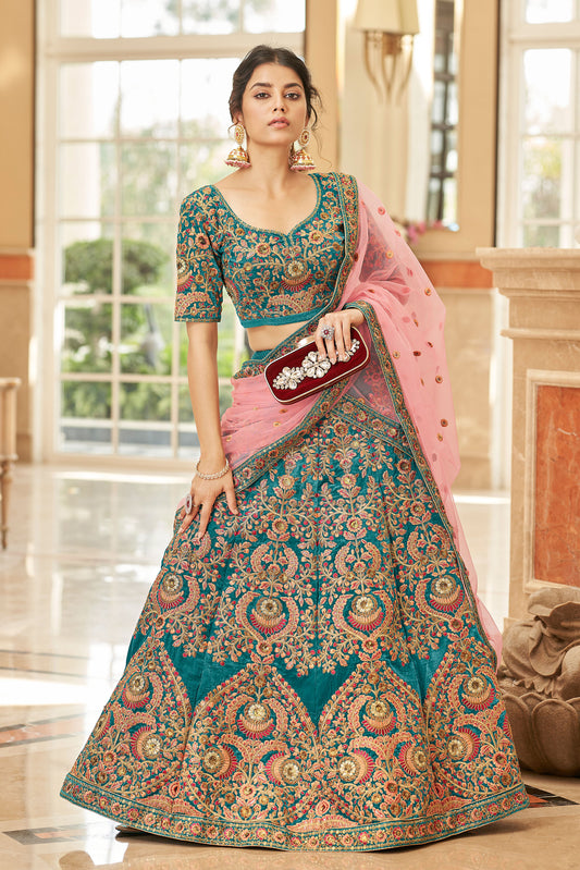 Teal Blue Velvet Heavy Thread & Zari Embroidered Bridal Lehenga