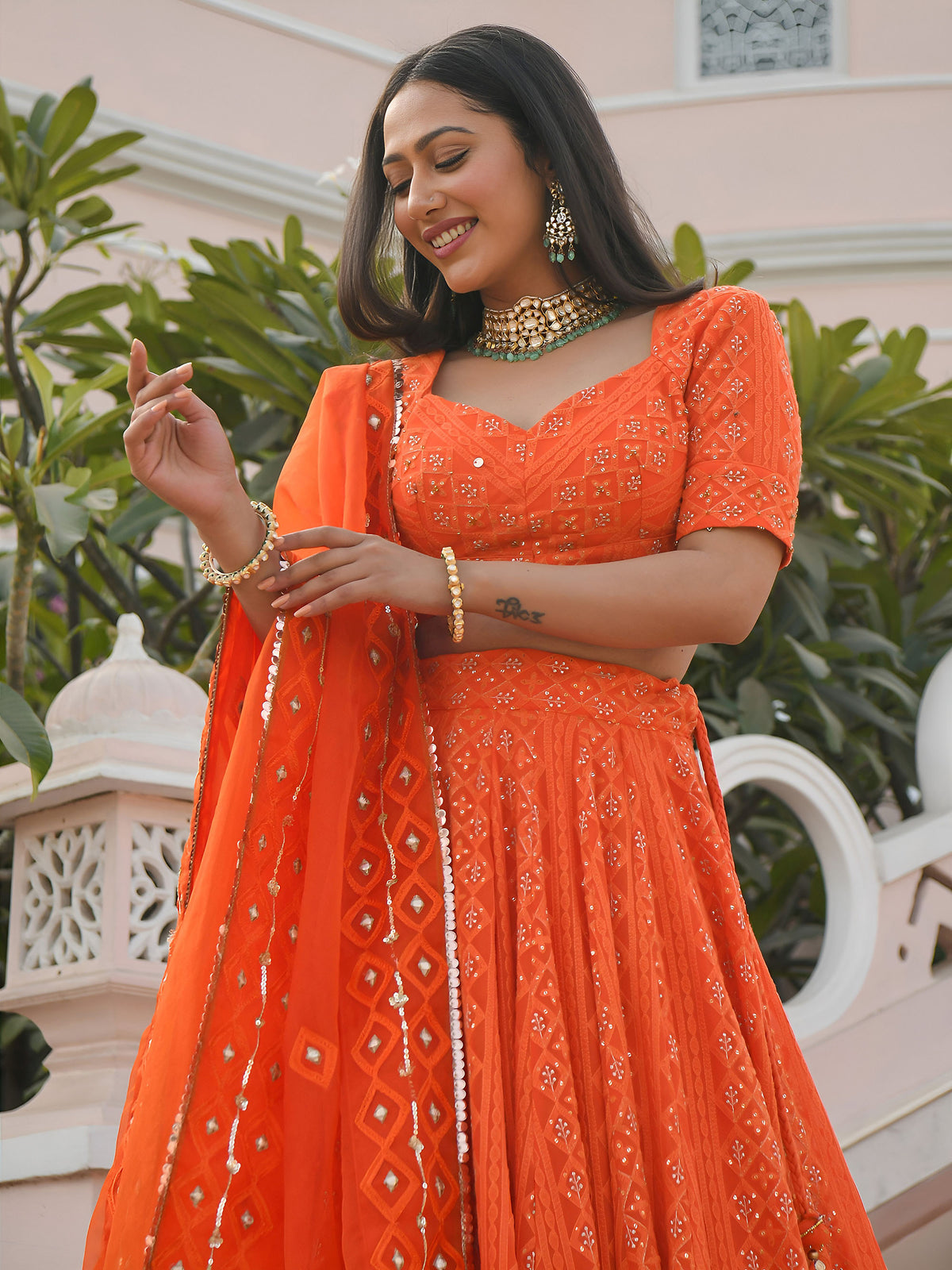 Orange Georgette Sequins & Gota Patti Embroidered Festive Lehenga Choli