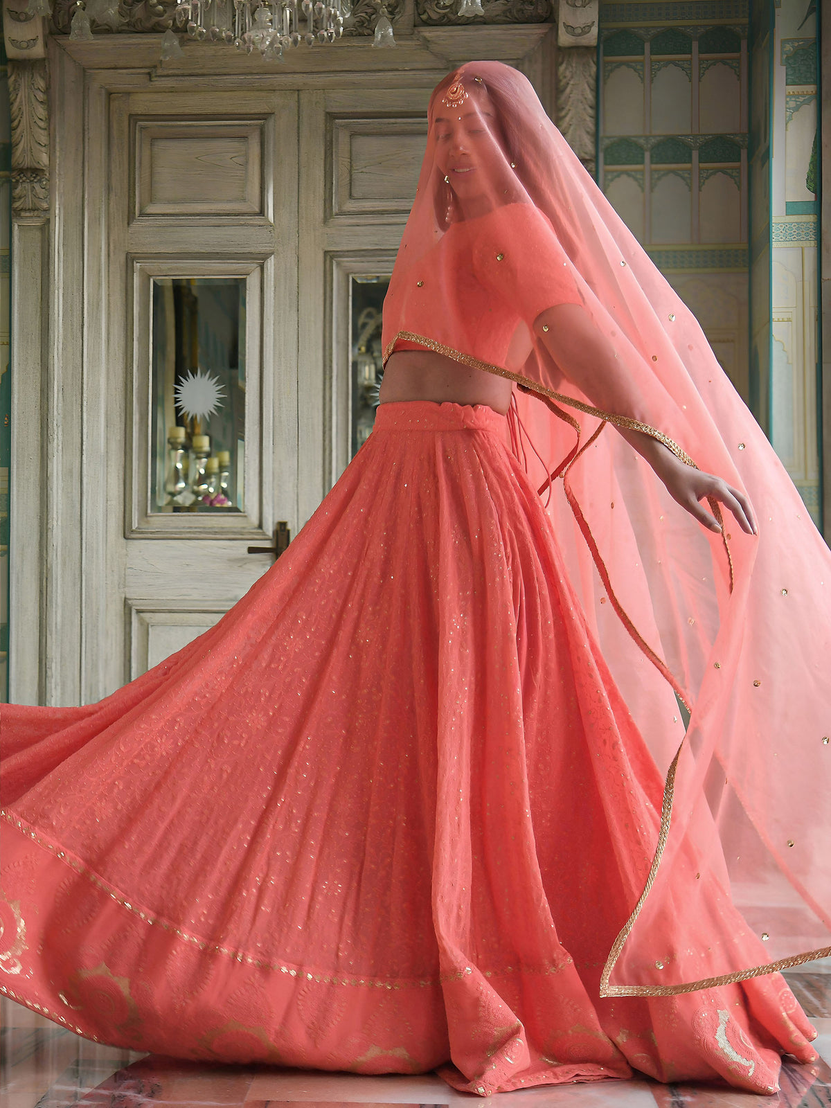 Peach Sequins & Thread Embroidered Georgette Sangeet Lehenga Choli for Bridesmaid