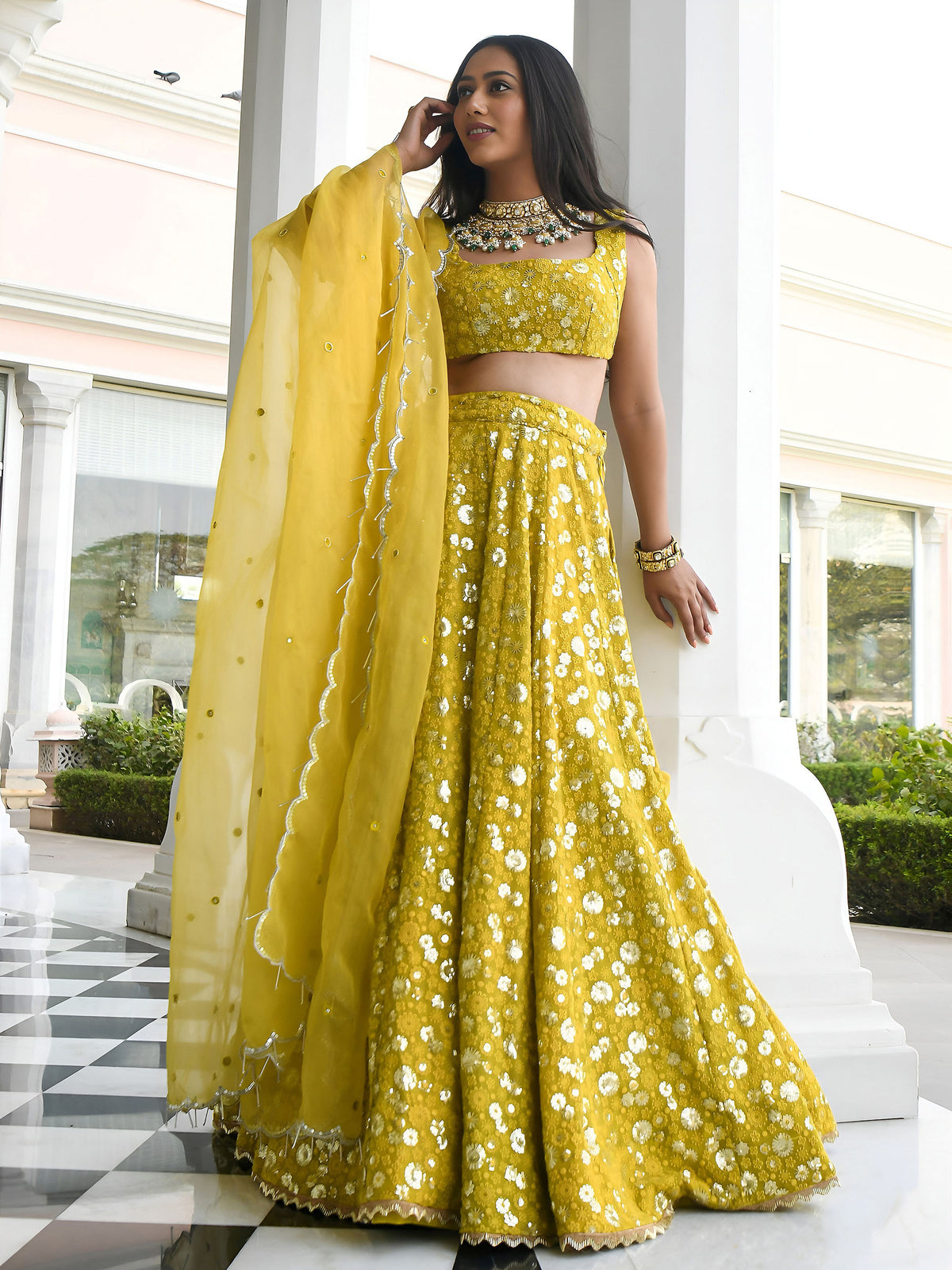 Olive Green Sequins & Thread Embroidered Georgette Mehendi Lehenga Choli