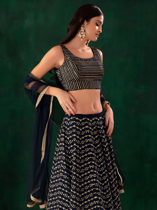 Blue Heavy Sequins & Zari Embroidered Georgette Lehenga Choli