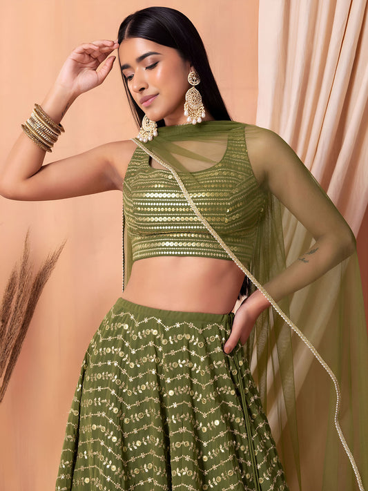 Green Heavy Zari & Sequins Work Wedding Guest Lehenga for Mehendi