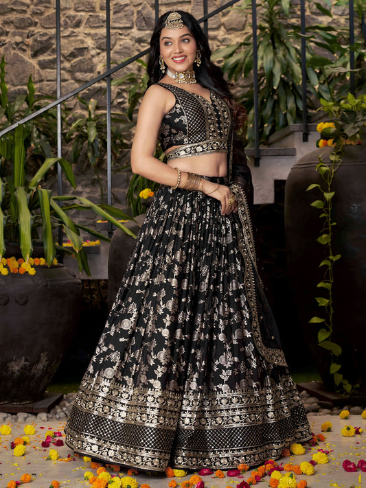 Black Zari Embroidery Dola Silk & Jacquard Festive Lehenga Choli