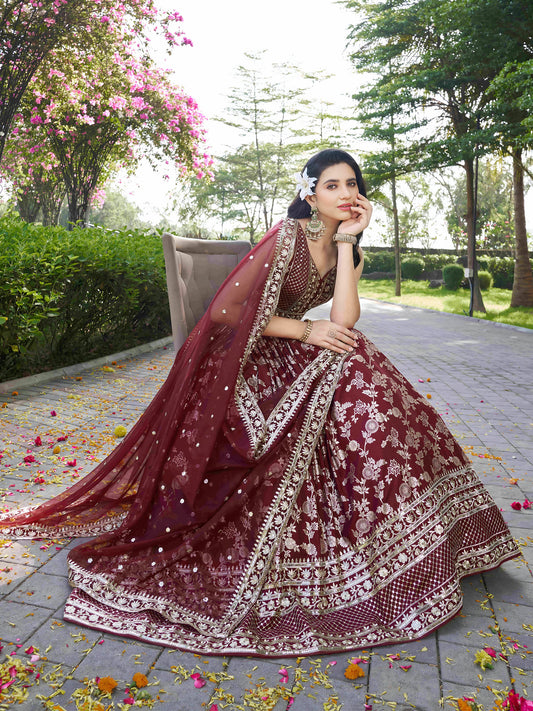 Maroon Zari Embroidery Dola Silk & Jacquard Wedding Guest Lehenga Choli