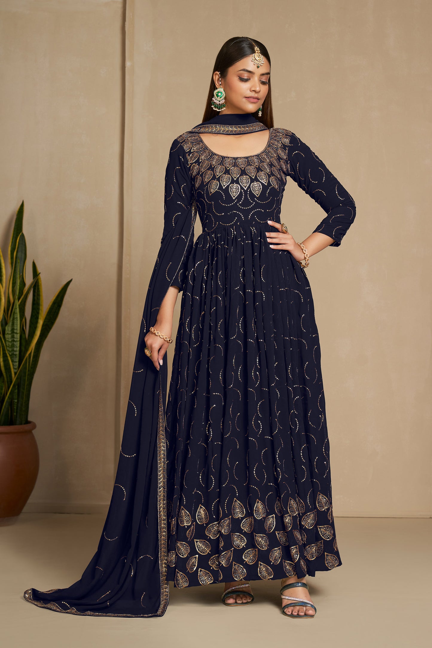 Navy Blue Faux Georgette Sequins Embroidery Gown