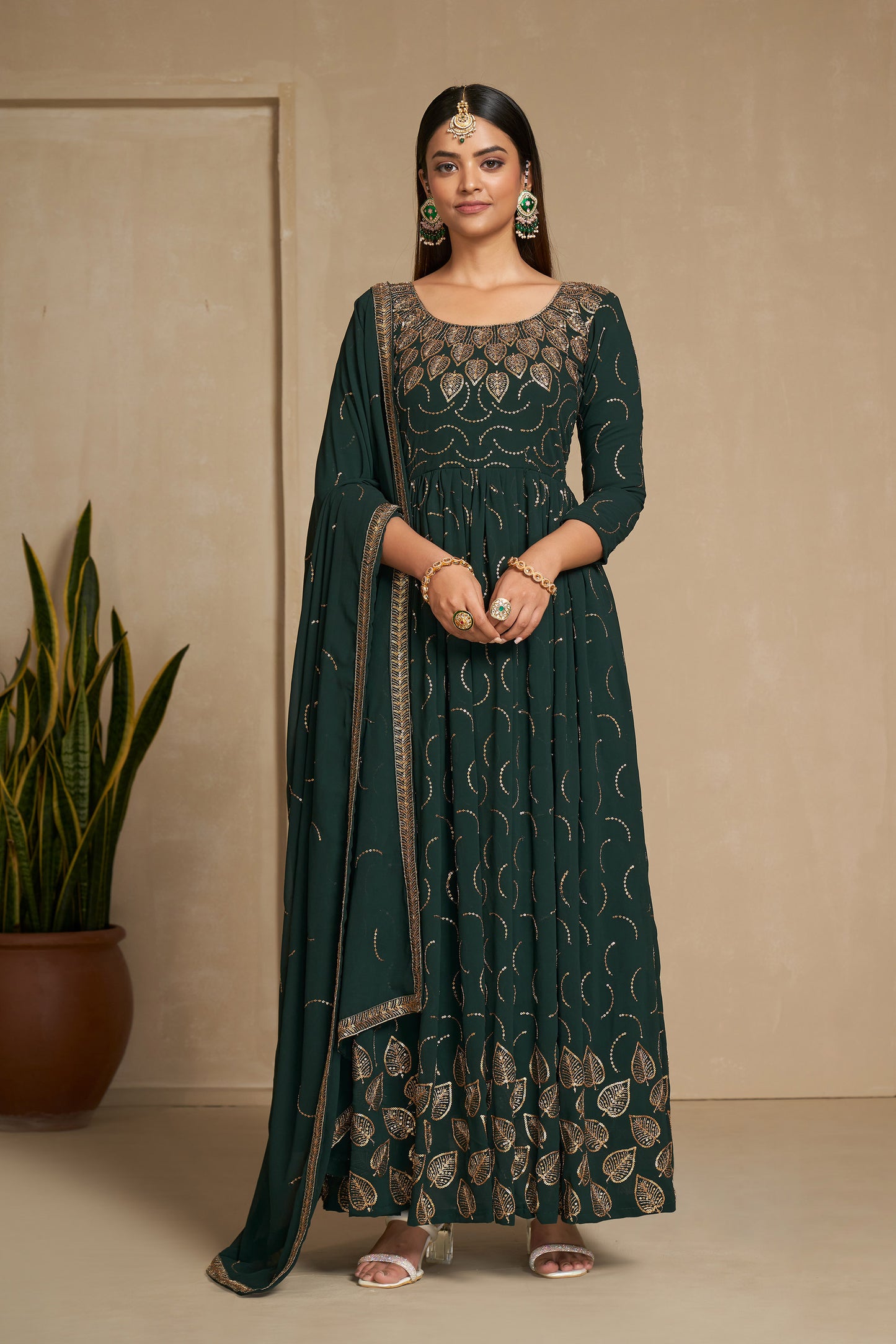 Green Faux Georgette Sequins Embroidery Gown