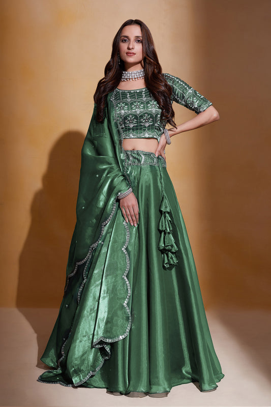 Green Organza Silk Sequins Embroidery Lehenga