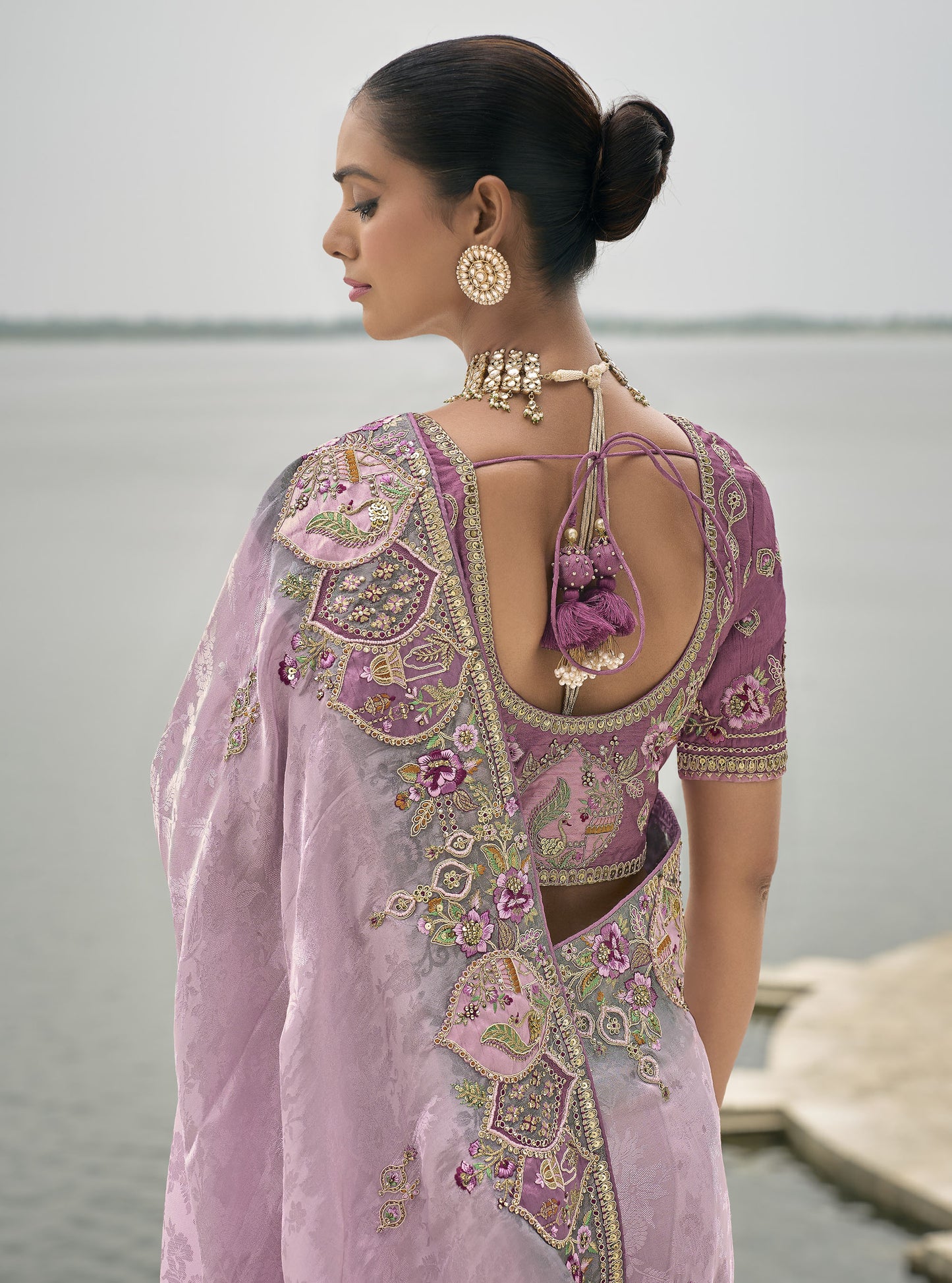 Lavender Pure Viscose Jacquard Khatli, Zari Embroidered Sangeet Saree