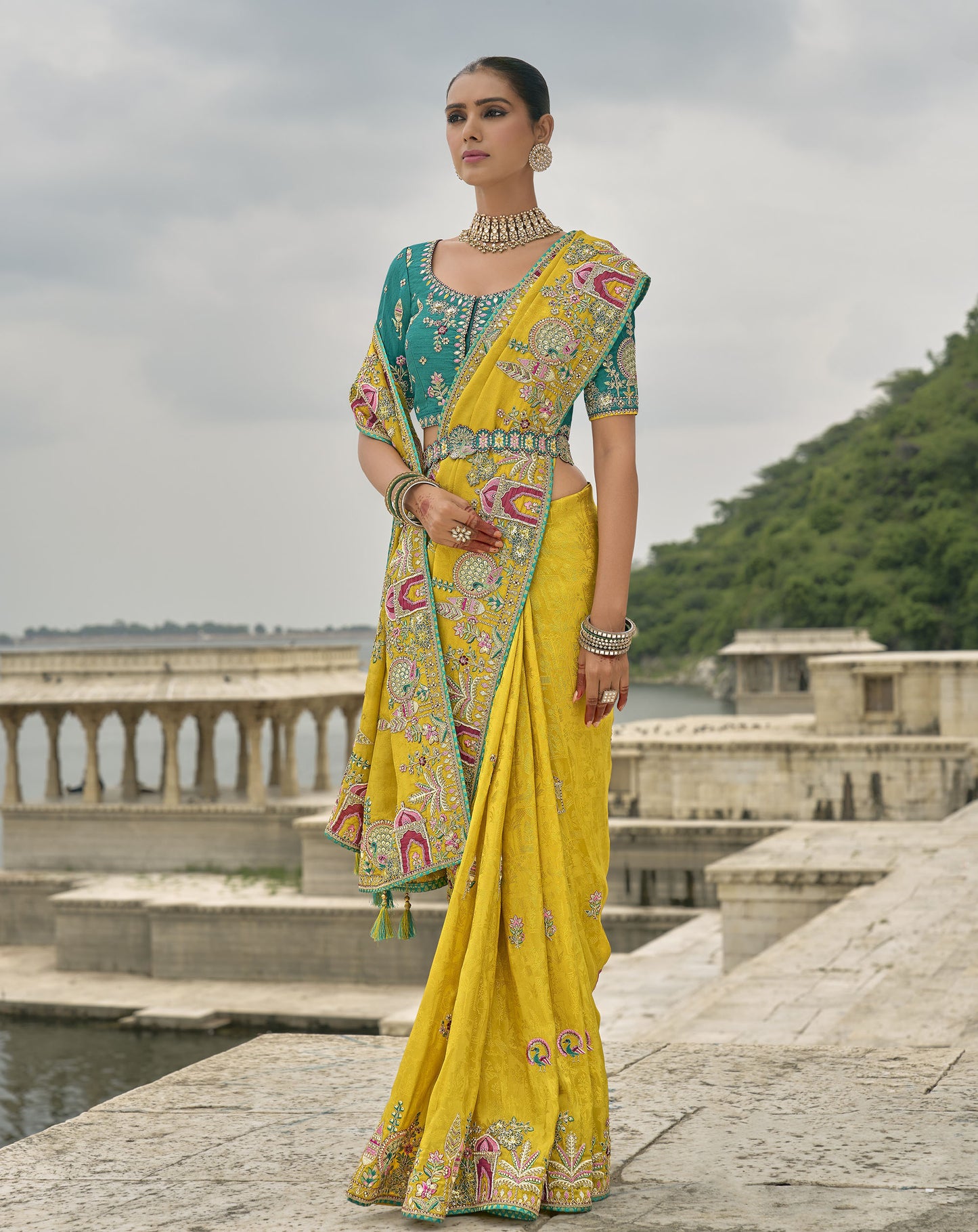 Yellow Pure Viscose Jacquard Khatli, Zari Embroidered Haldi Saree