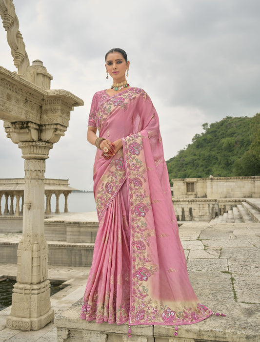 Pink Pure Viscose Jacquard Khatli, Zari Embroidered Party Wear Saree