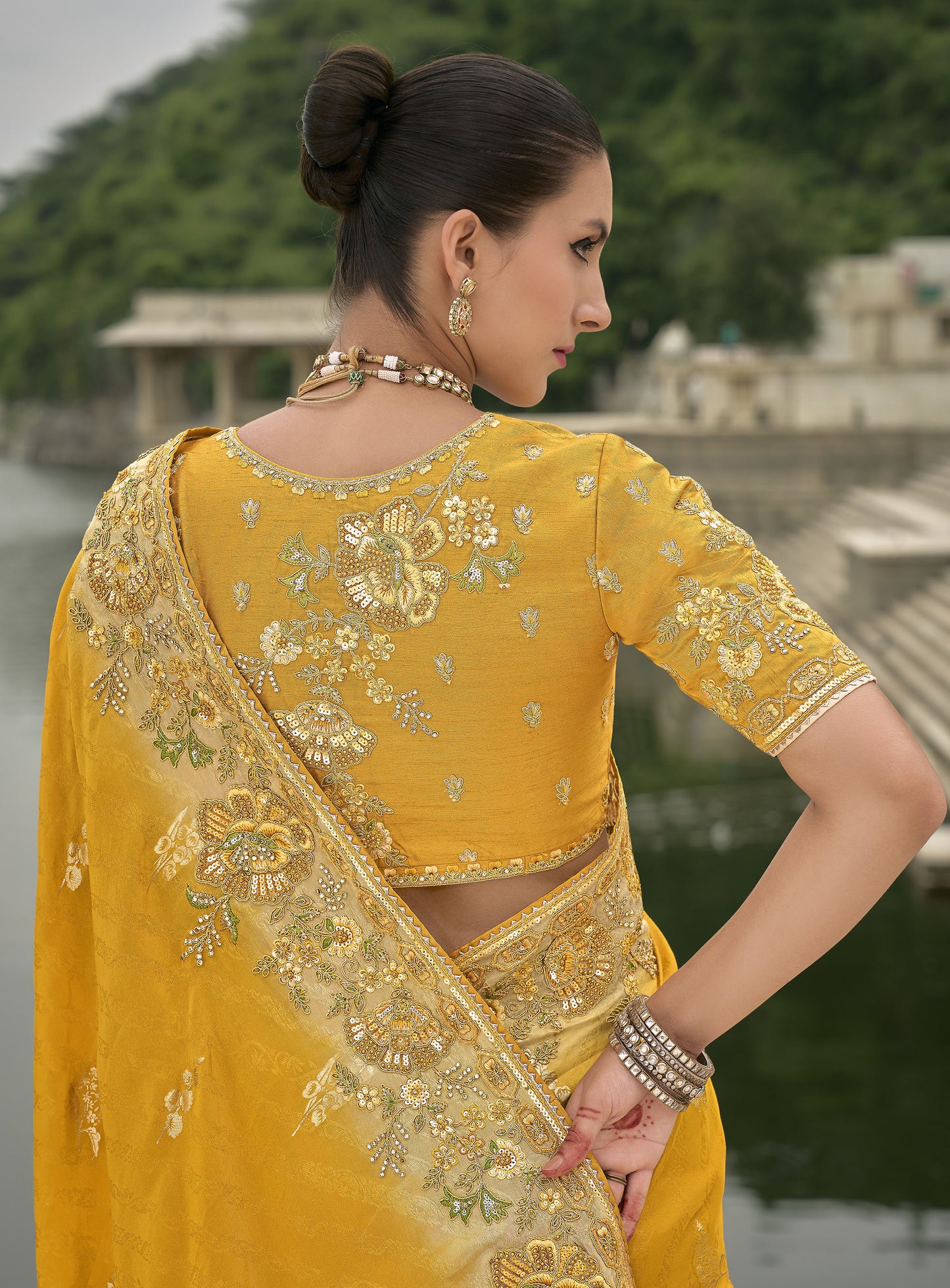 Yellow Pure Viscose Jacquard Khatli, Zari Embroidered Saree