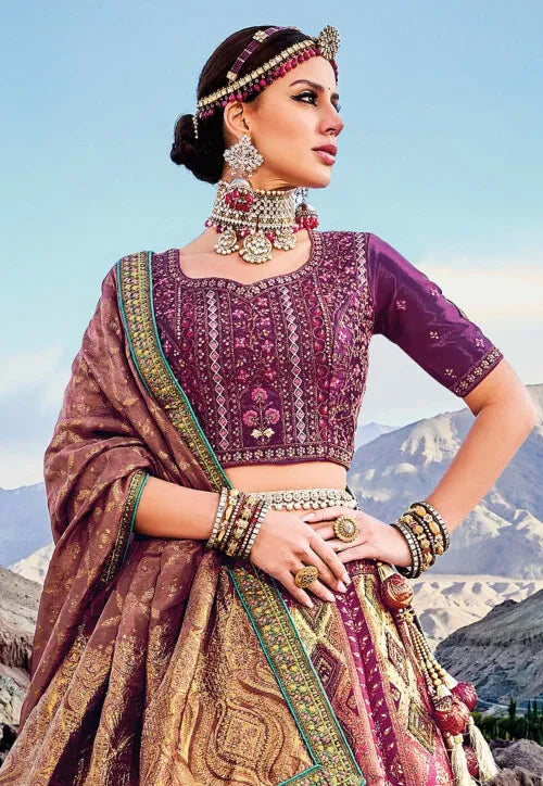 Dark Pink Zari, Resham Art Silk A line Bridal Lehenga Ladakh Series