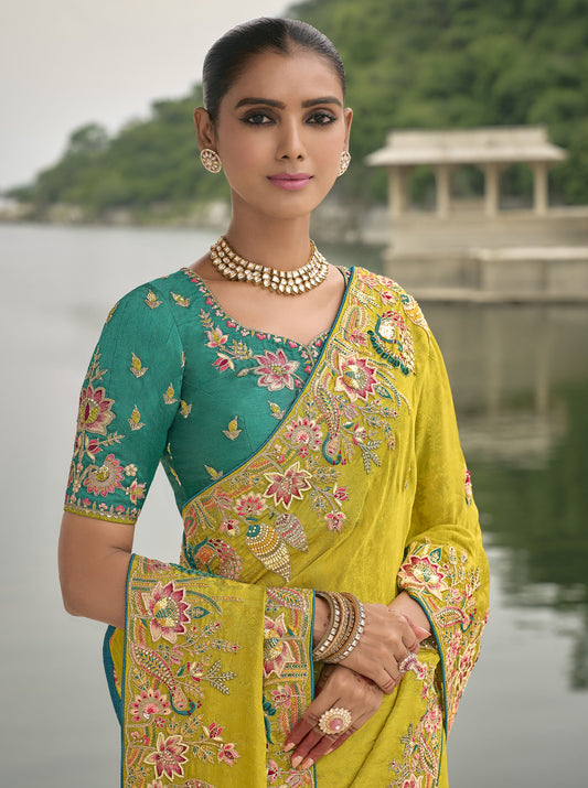 Yellow Pure Viscose Jacquard Khatli, Zari Embroidered Haldi Saree