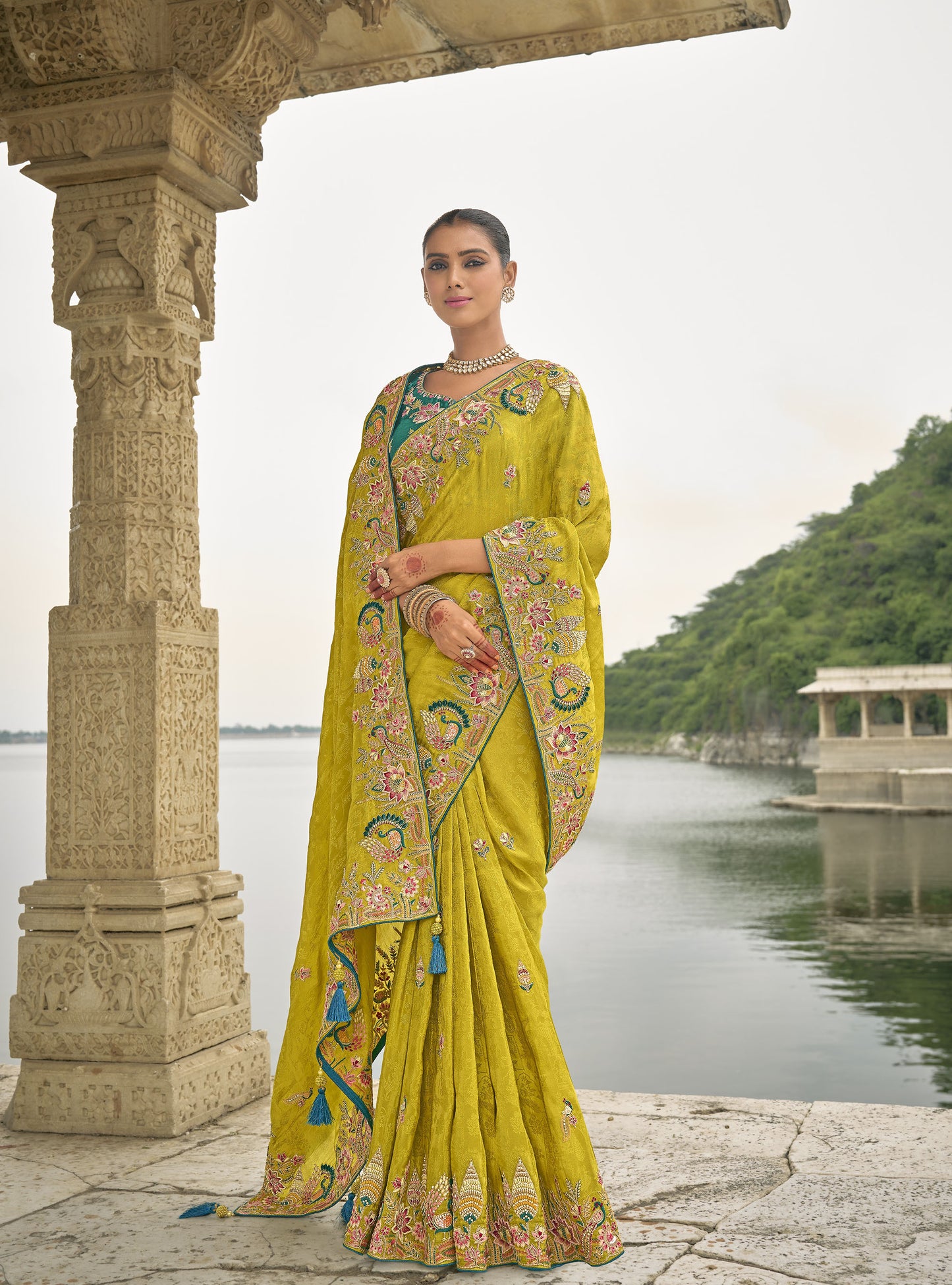 Yellow Pure Viscose Jacquard Khatli, Zari Embroidered Haldi Saree