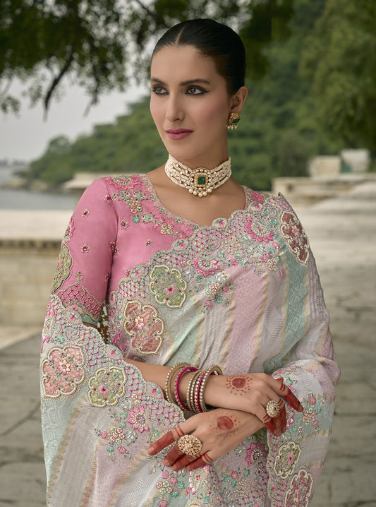 Pink and Sea Green Pure Viscose Jacquard Khatli, Zari Embroidered Saree