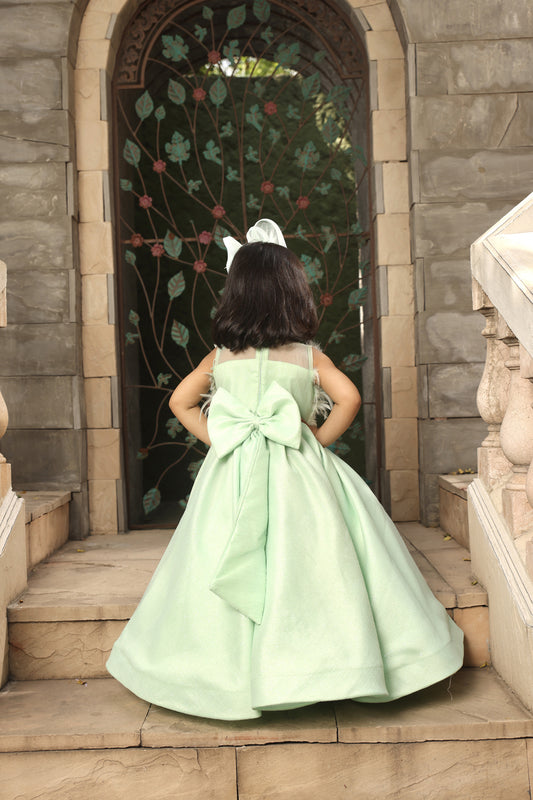 Pista Green Gown with Fur on Yoke