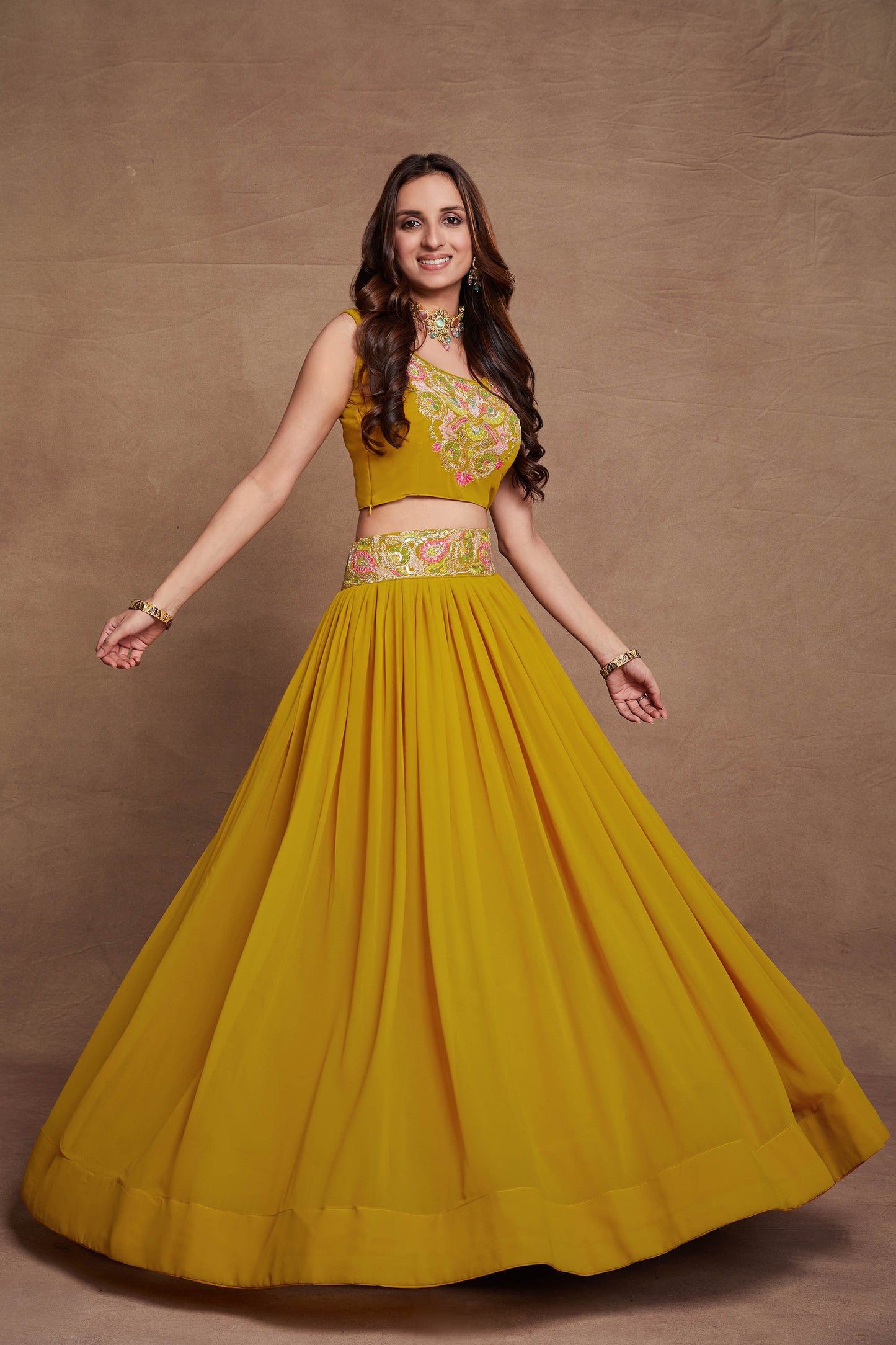 Mustard Yellow Georgette Thread Embroidery Lehenga