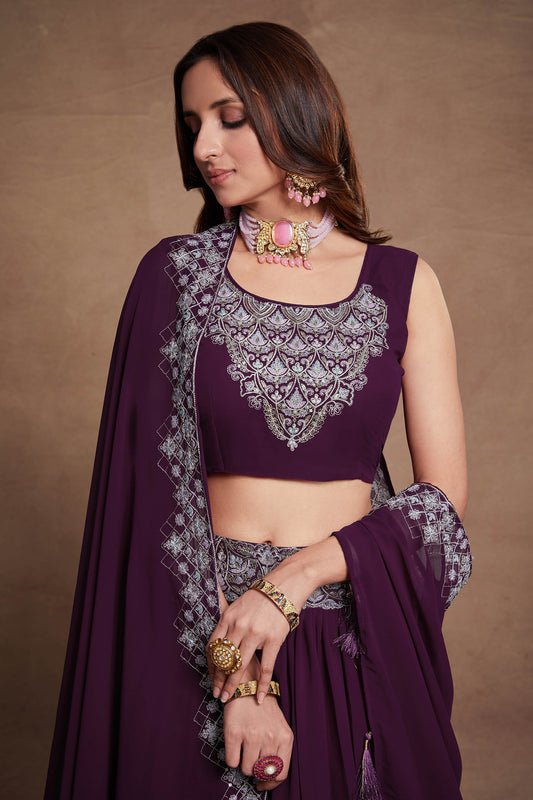 Purple Green Georgette Thread Embroidery Lehenga