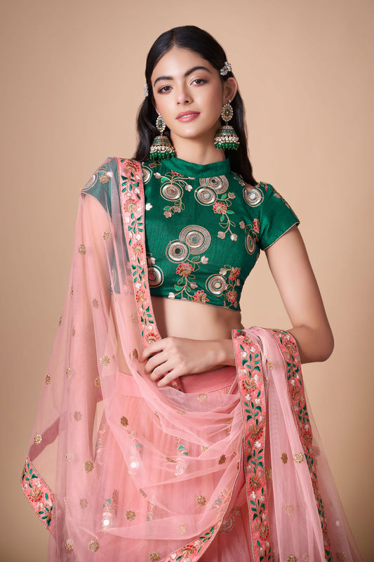 Peach Soft Net Zari & Dori Embroidered Sangeet Lehenga Choli for Bridesmaid