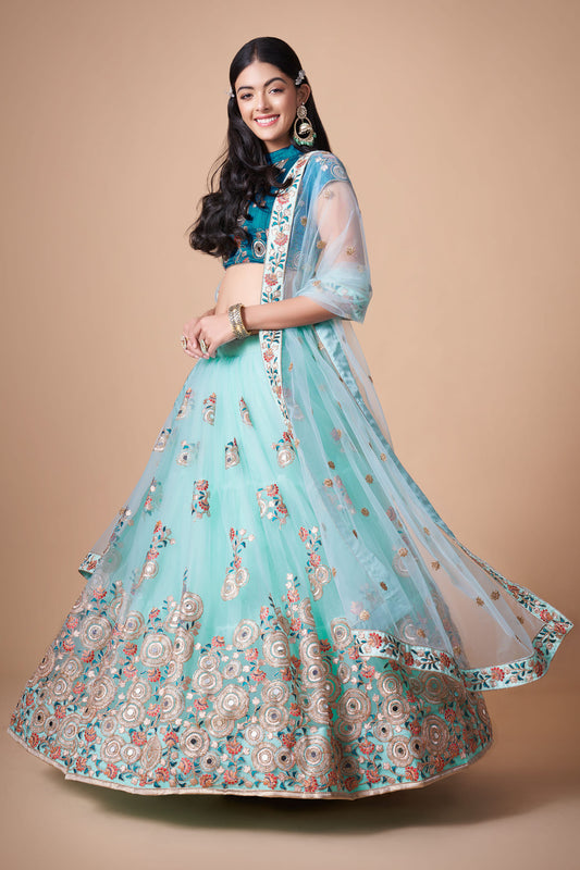 Sky Blue Soft Net Zari & Dori Embroidered Wedding Guest Lehenga Choli