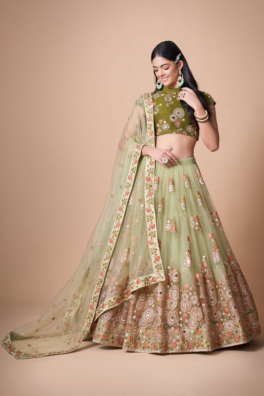 Pista Green Soft Net Zari & Dori Embroidered Lehenga Choli