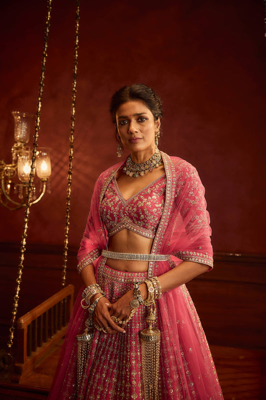 Rani Pink Raw Silk Hand & Machine Embroidered Lehenga Set