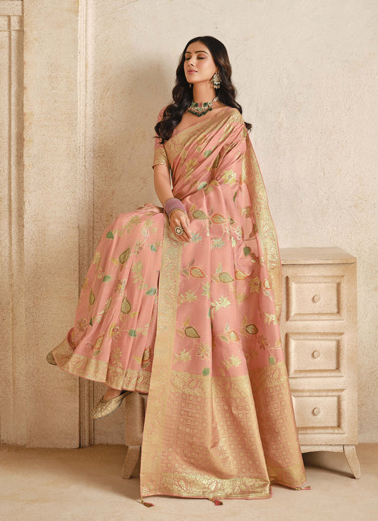 Pink Jacquard Silk With Zari Woven Saree