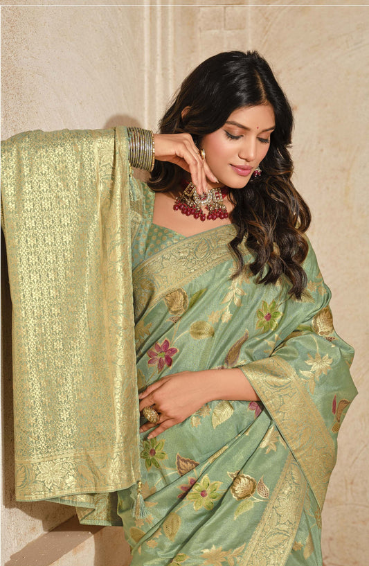 Dark Sea Green Jacquard Silk With Zari Woven Saree