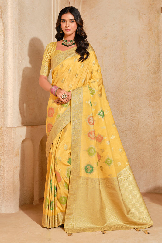 Yellow and Cream Jacquard Silk With Zari Woven Saree