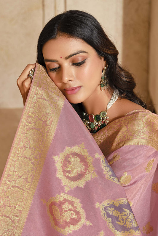 Onion Pink Jacquard Silk With Zari Woven Saree