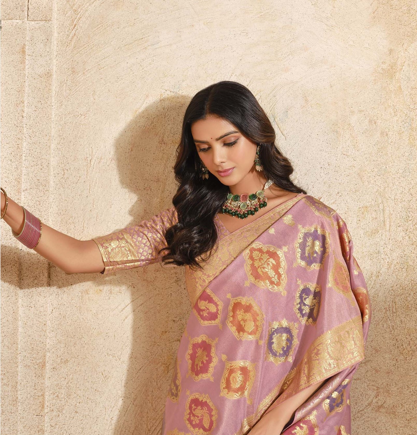 Onion Pink Jacquard Silk With Zari Woven Saree