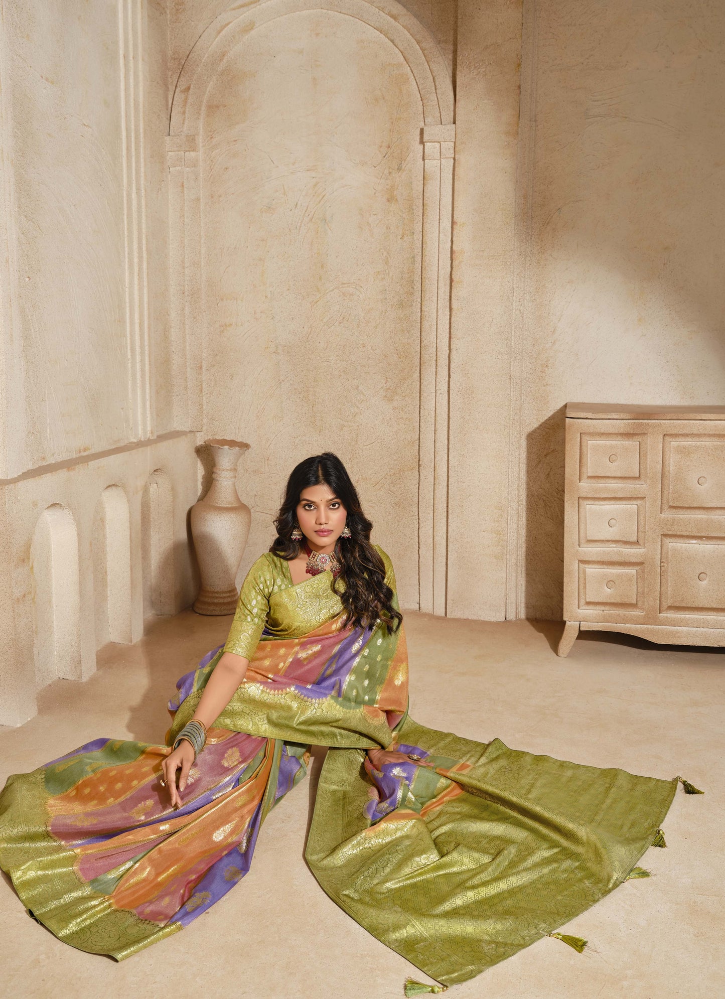 Multicolored Jacquard Silk With Zari Woven Saree