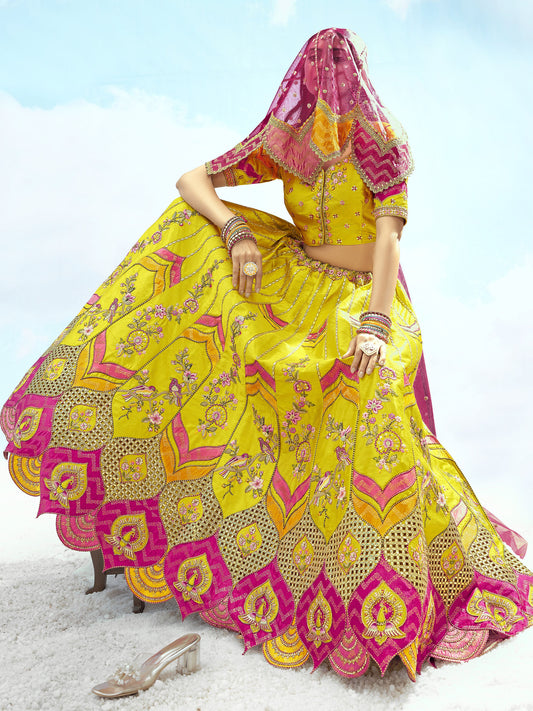 Yellow Art Silk Jacquard Resham, Zari Embroidery Haldi Lehenga