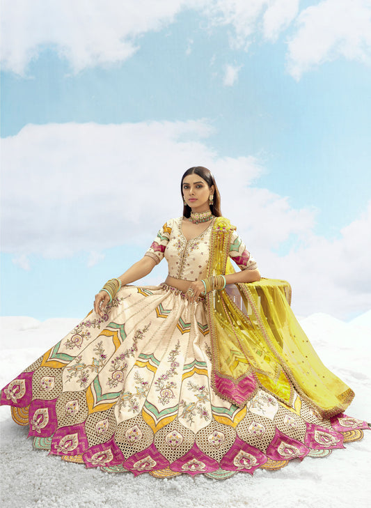 Off White Art Silk Jacquard Resham, Zari Embroidery Reception Lehenga