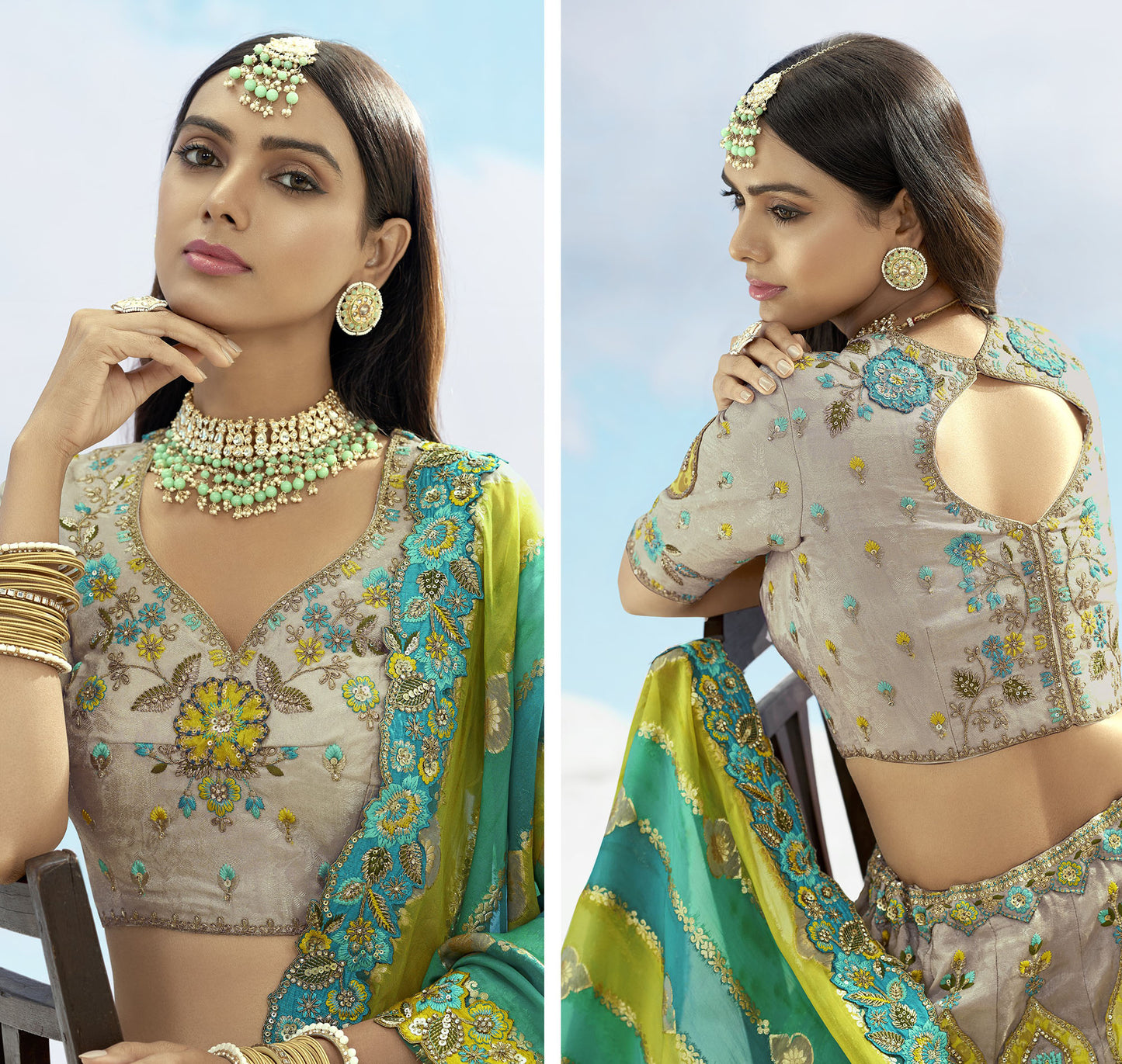 Grey and Green Jacquard Art Silk Resham, Zari Embroidery Sangeet Lehenga