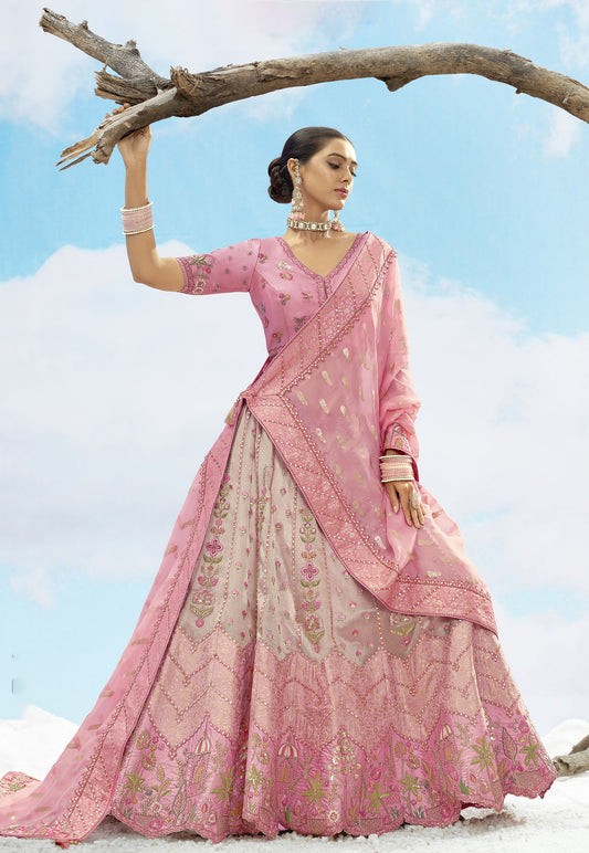Pastel Pink Art Silk Jacquard Resham, Zari Embroidery Lehenga