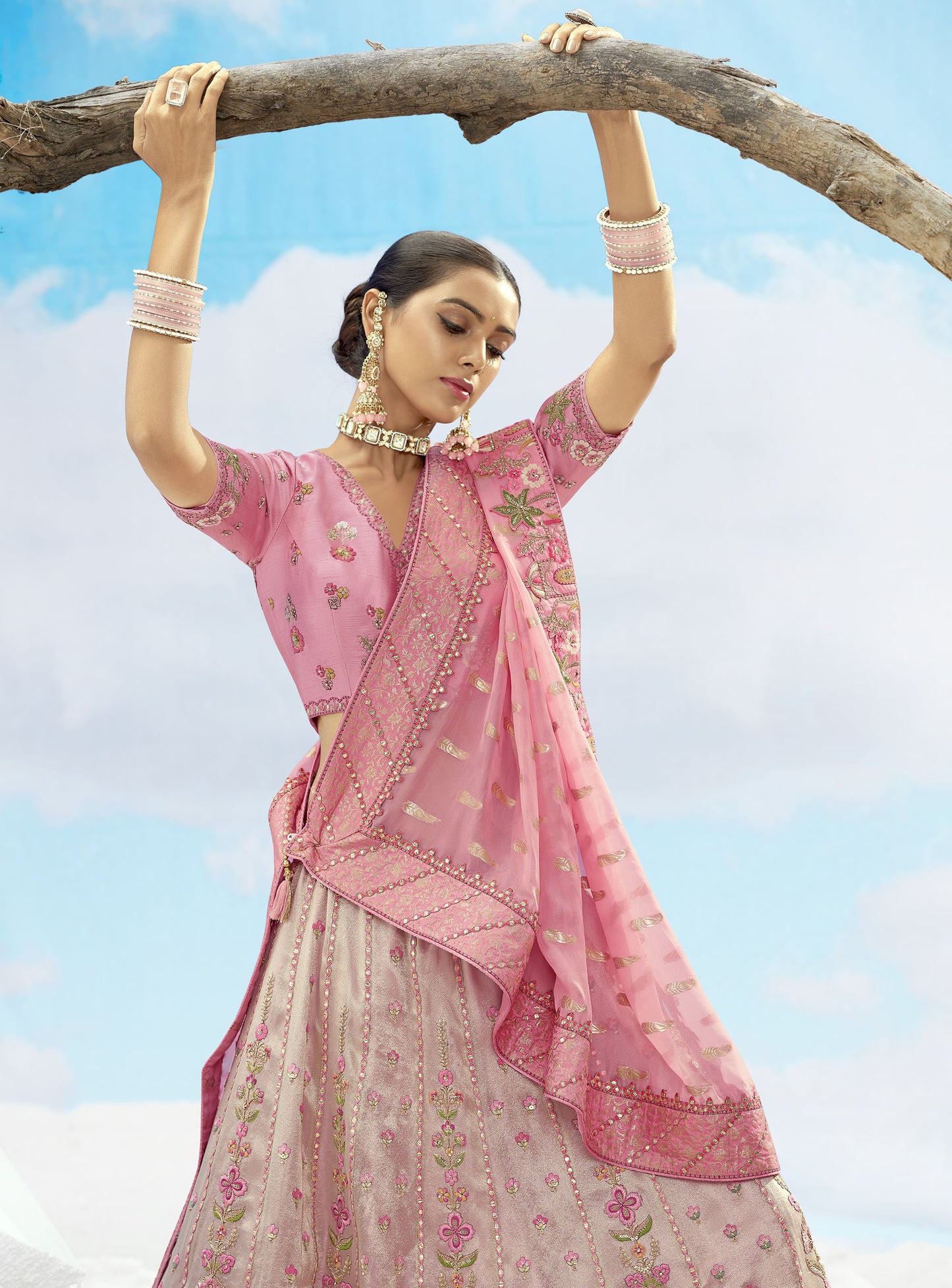 Pastel Pink Art Silk Jacquard Resham, Zari Embroidery Lehenga