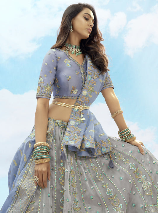 Grey and Blue Art Silk Jacquard Resham, Zari Embroidery Lehenga