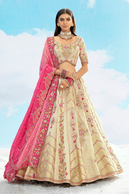 Beige and Pink Jacquard Art Silk Resham, Zari Embroidery Reception Lehenga