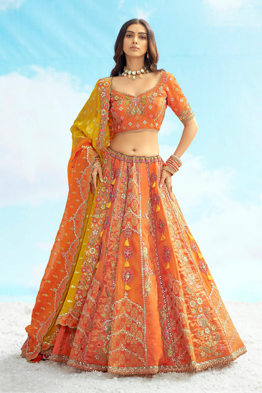 Orange and Yellow Art Silk Jacquard Resham, Zari Embroidery Engagement Lehenga