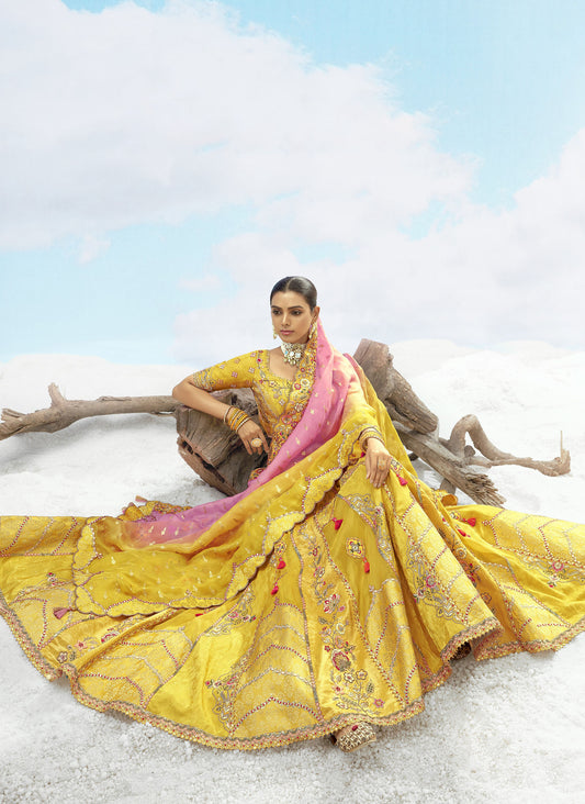 Yellow Art Silk Jacquard Zari Embroidery Haldi Lehenga