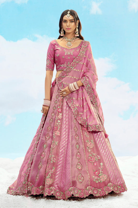 Onion Pink Jacquard Art Silk Zari Embroidery Reception Lehenga