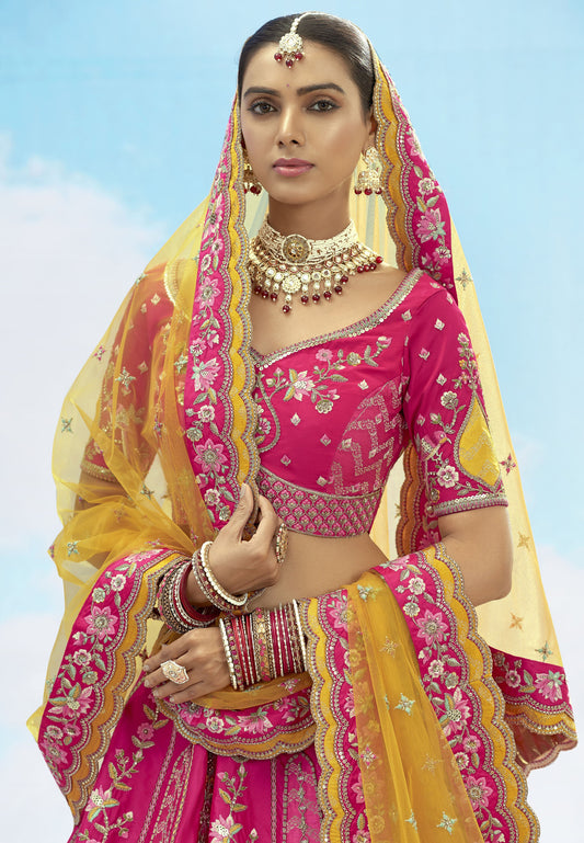 Pink and Yellow Art Silk Jacquard Zari Embroidery Bridal Lehenga