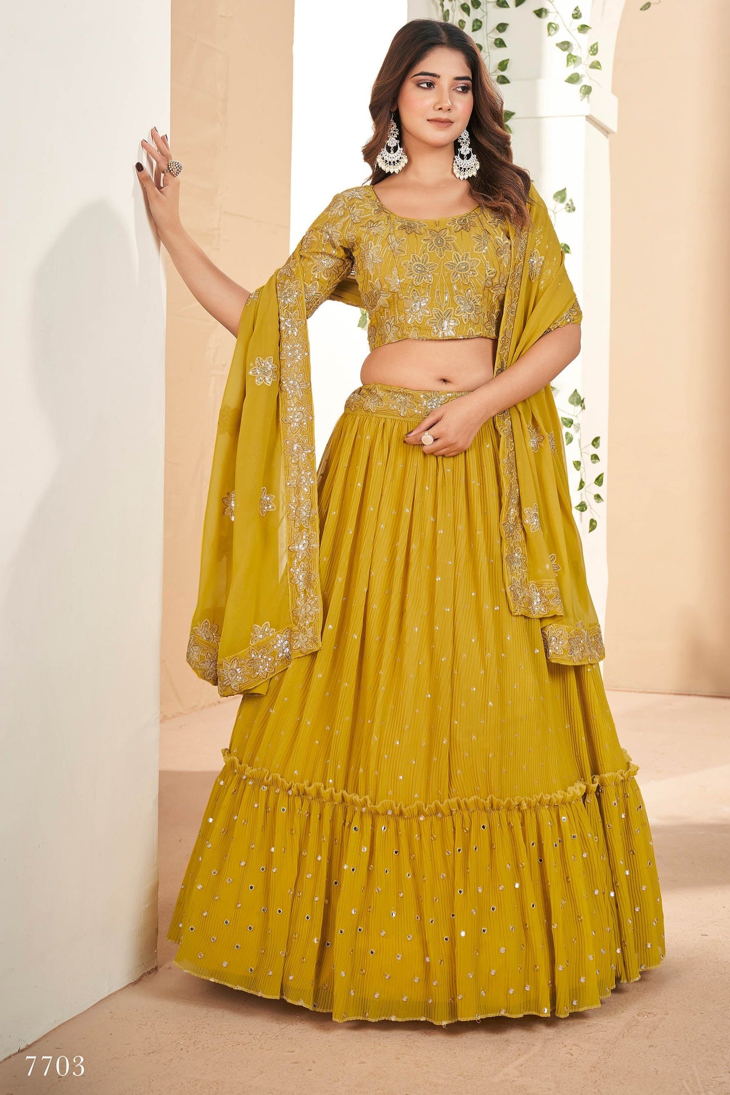Mustard Yellow Faux Georgette Sequins Embroidery Lehenga