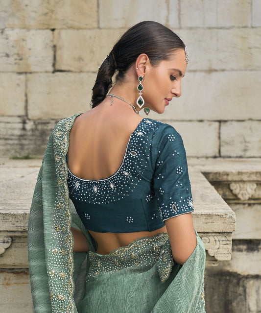 Sea Green Crush Tissue Zarkan Work Festive Saree