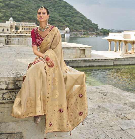 Beige Kanjivaram Silk Cutdana Work Saree