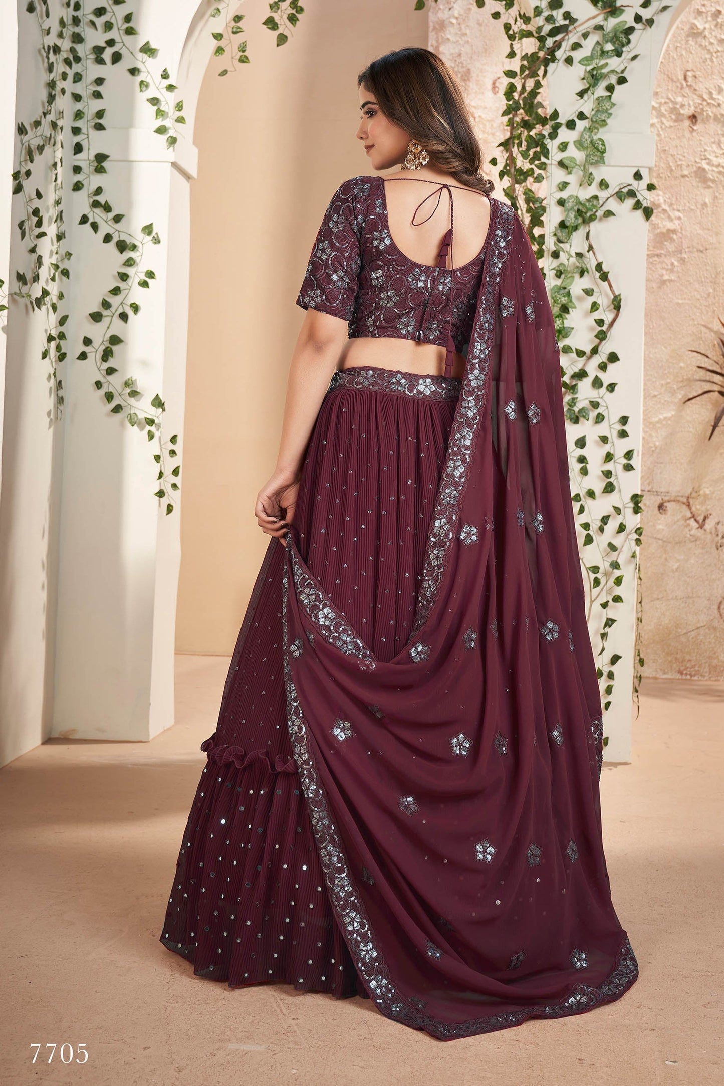 Maroon Faux Georgette Sequins Embroidery Lehenga