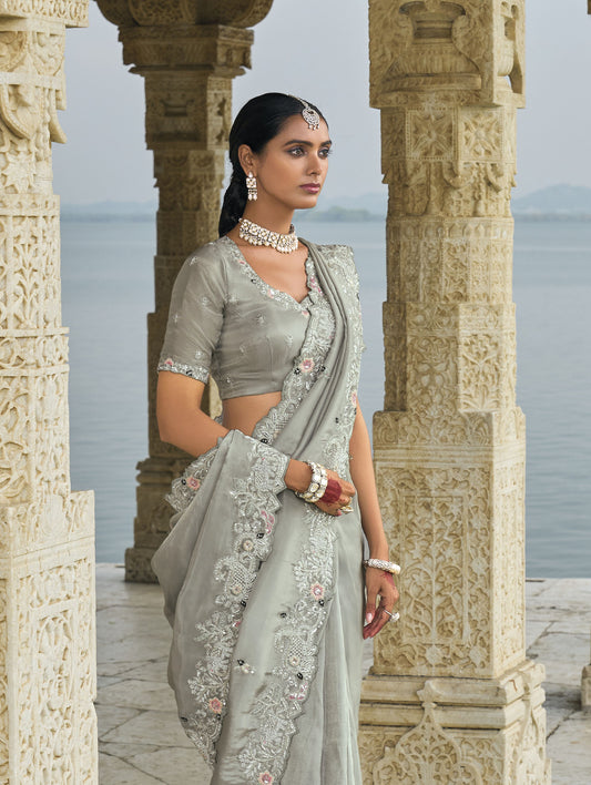 Grey Banarasi Silk Moti & Mirror Work Saree
